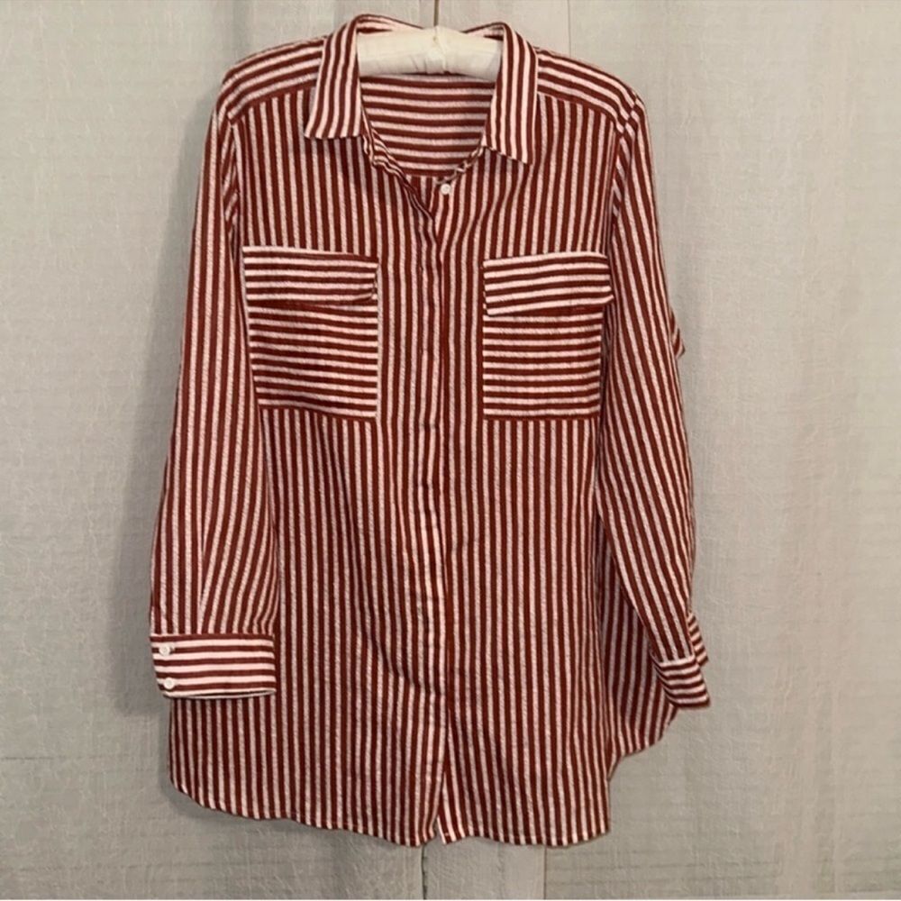 Bella Donna 18 White Red Vertical Striped Long Sleeve Button Down Shirt Tunic